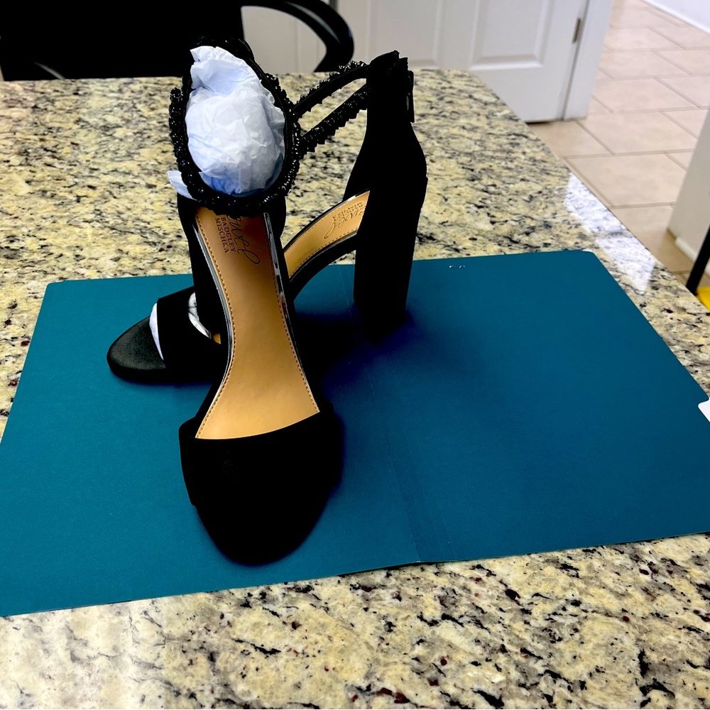 Badgleymischka JEWEL black satin open toe ankle strap evening shoes